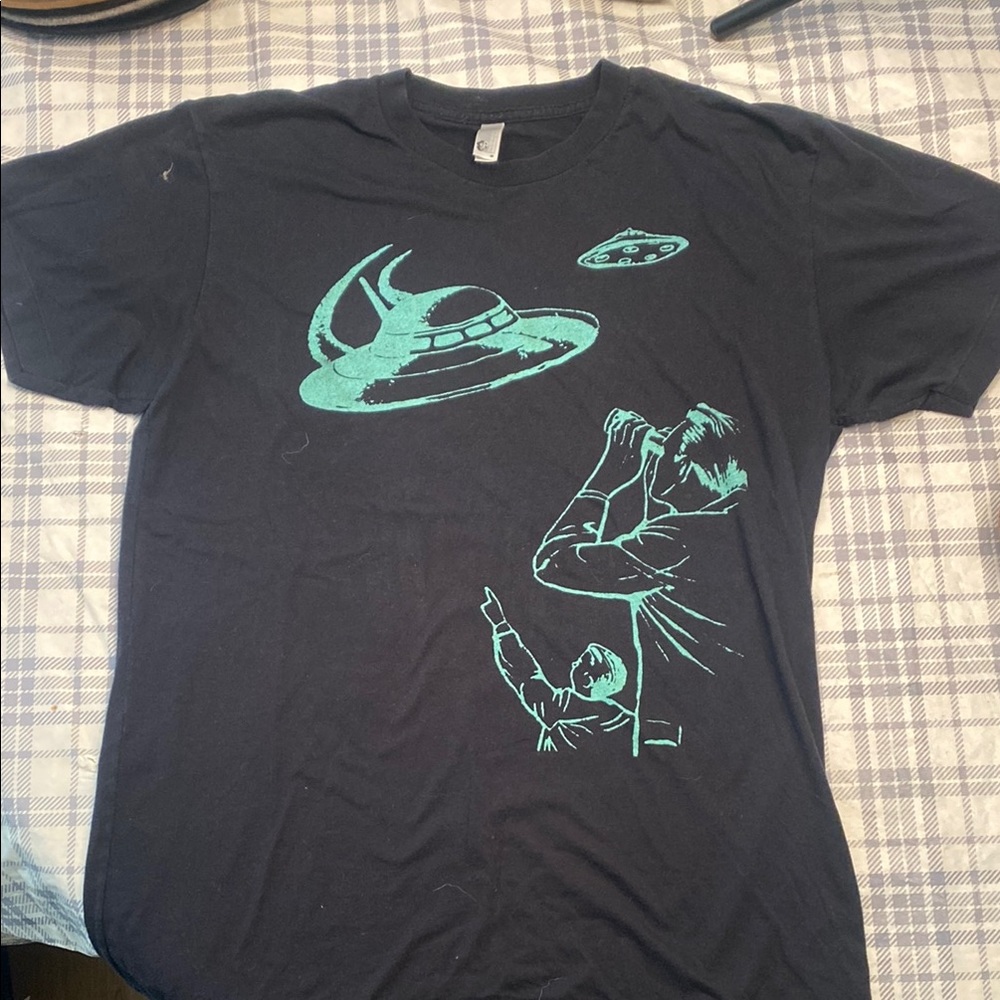 Black T-Shirt with Green UFO Graphic